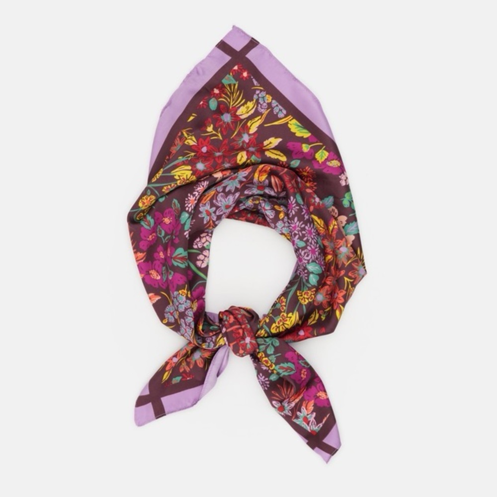 Zara Floral Satin Effect Scarf - Purple and Brown Floral - Picture 5 of 8